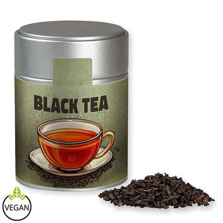 Alt Tag: Schwarztee, ca. 45g, Metalldose Midi silber bedrukken – ca. 45g met zilveren metalen doos en zwarte thee, vegan