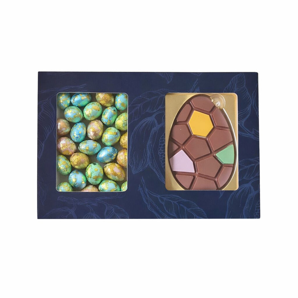 Chocolade paaseieren trio, uitvoering duo kleurrijk paasei met paaseitjes