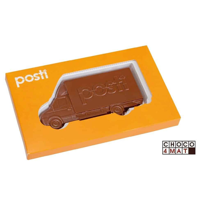 Chocolade bestelbus met logo in eigen verpakking (65 g)