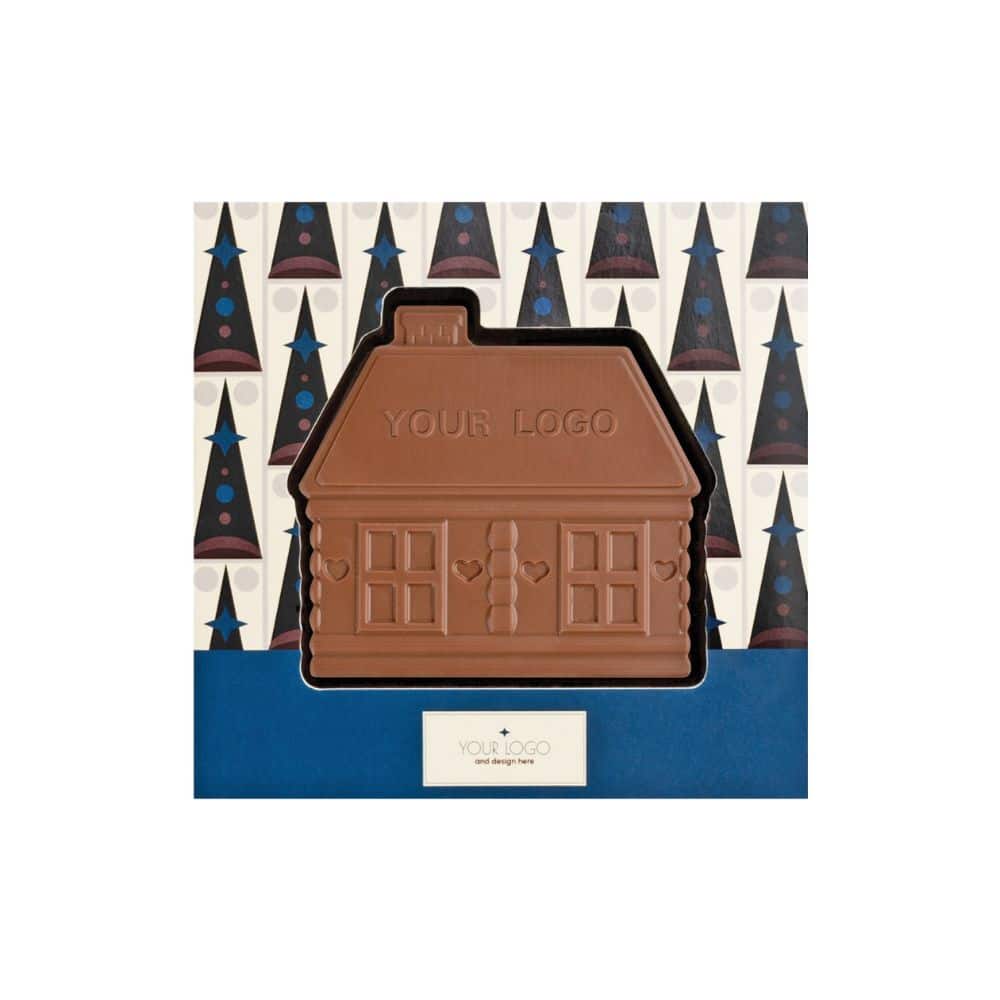 Chocolade peperkoekhuisje in een doos met kerstboompatroon en ruimte voor logo