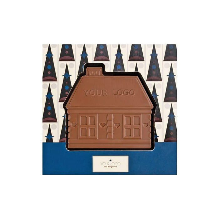 Chocolade peperkoekhuisje met logo in eigen verpakking (65 g)