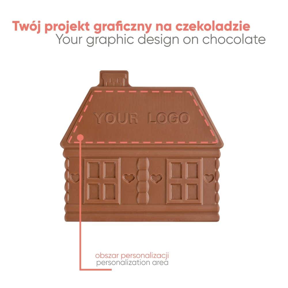 Chocolade peperkoekhuisje zonder doos, met het gebied voor je eigen ontwerp aangegeven