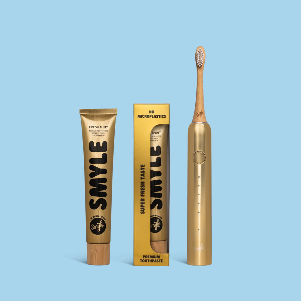 Smyle cadeauset goud: gouden E-brush met 2 tubes tandpasta