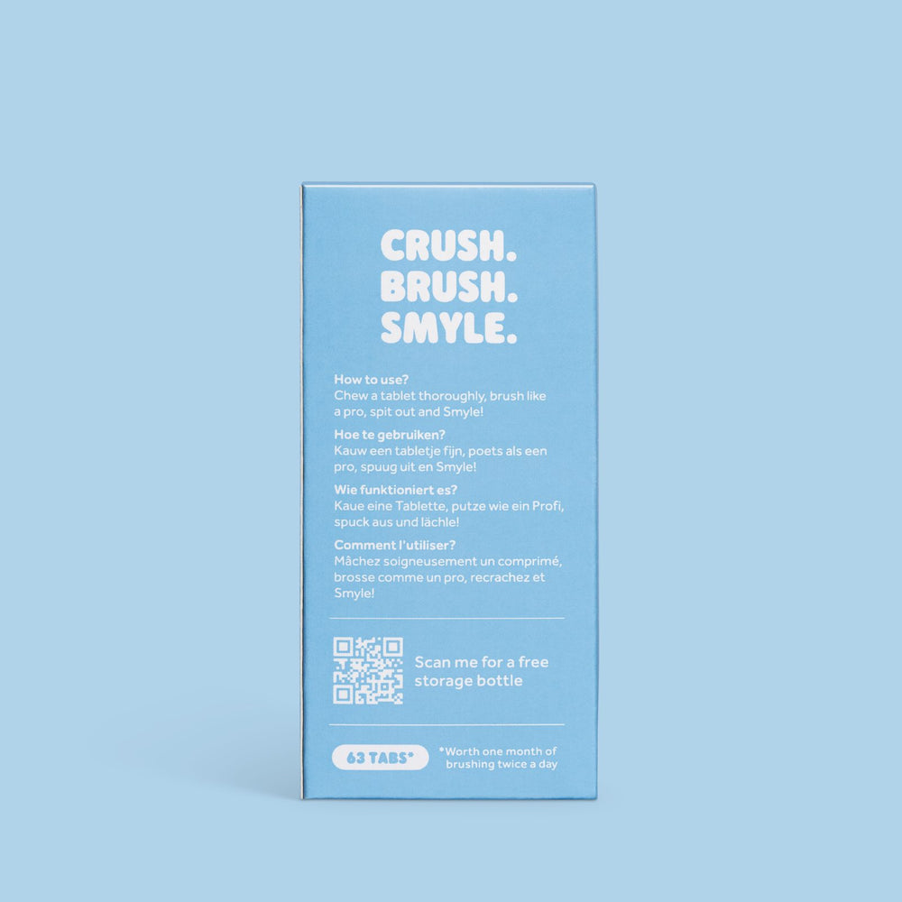Achterkant van het navulzakje Smyle tandpastatabletten Fresh Mint met fluoride