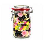 Snoeppot "Beterschap" met bloemensnoep en drop (weckpot 1000 ml)