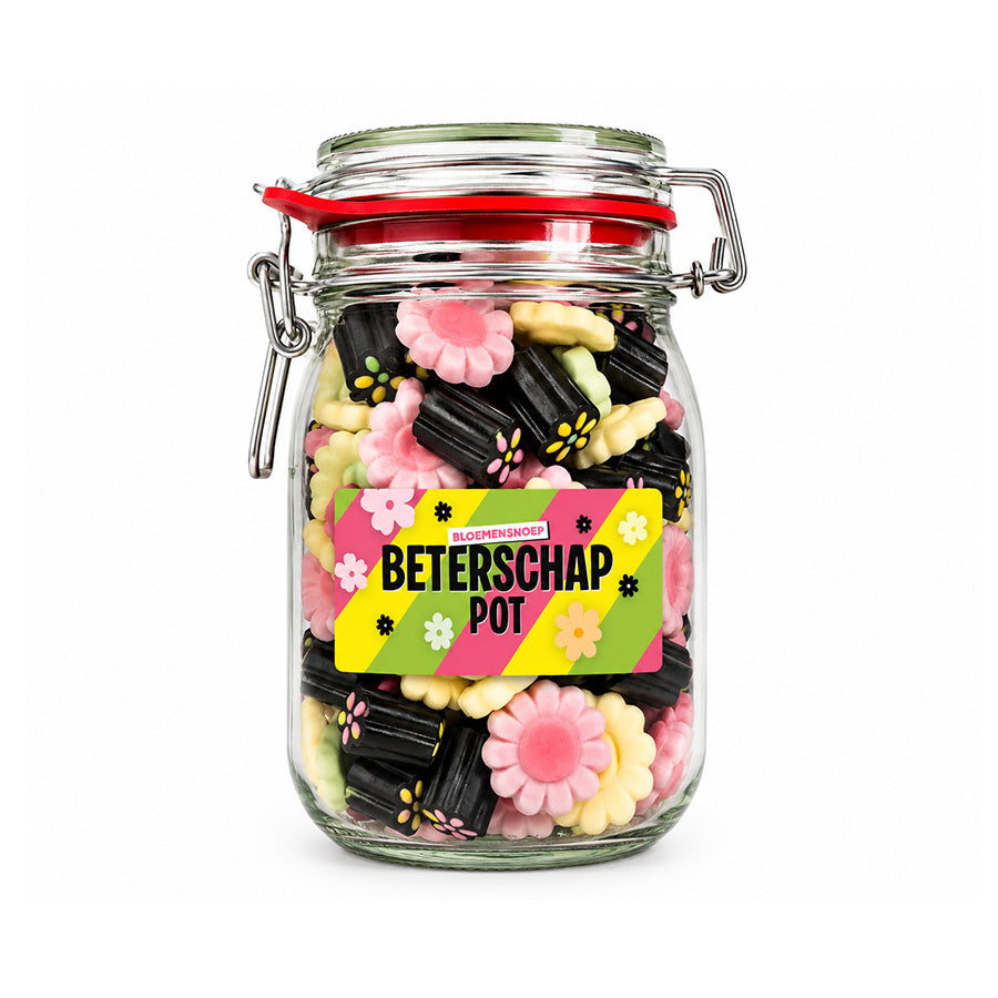 Snoeppot "Beterschap" met bloemensnoep en drop (weckpot 1000 ml)