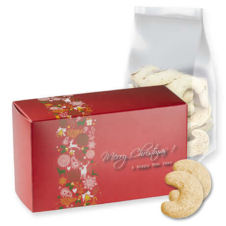 Vanillekipferl, ca. 130g, Faltschachtel bedrukken – ca. 130g in bedrukte doos als relatiegeschenk of giveaway