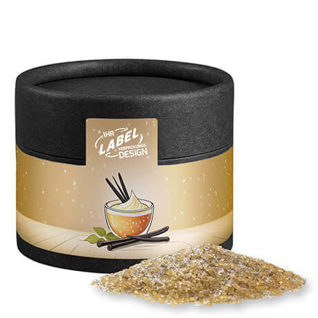 Vanillezucker, ca. 55g, Kraftpapierdose mini schwarz bedrukken – promotionele snack