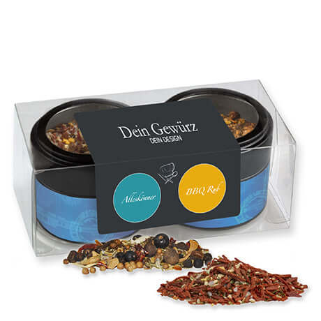 Verschiedene Weihnachts Gewürzmischungen, ca. 60-110g, Metalldose mini mit Sichtfenster im 2er Set bedrukken – promotionele snack