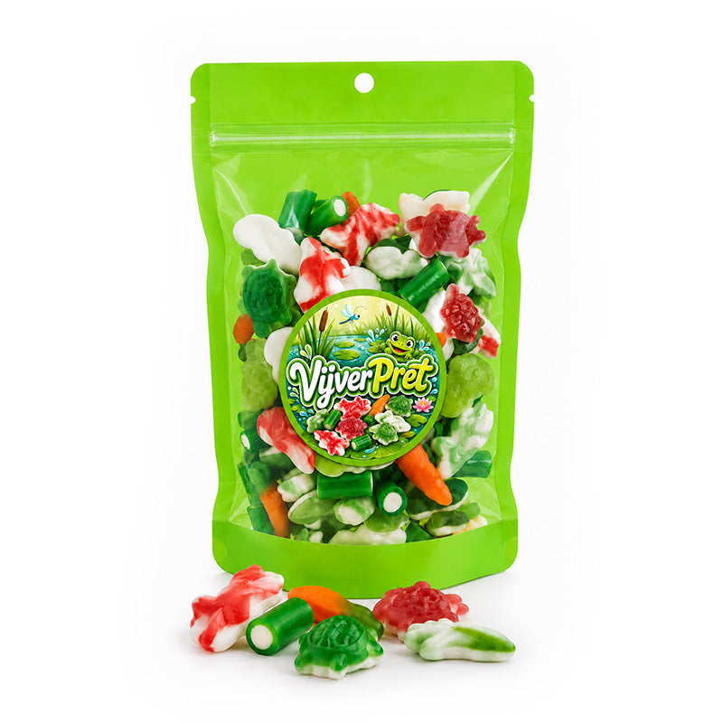 Snoep in neon stazak "Vijverpret", snoepmix met visjes en kikkers (225 of 450 gram)