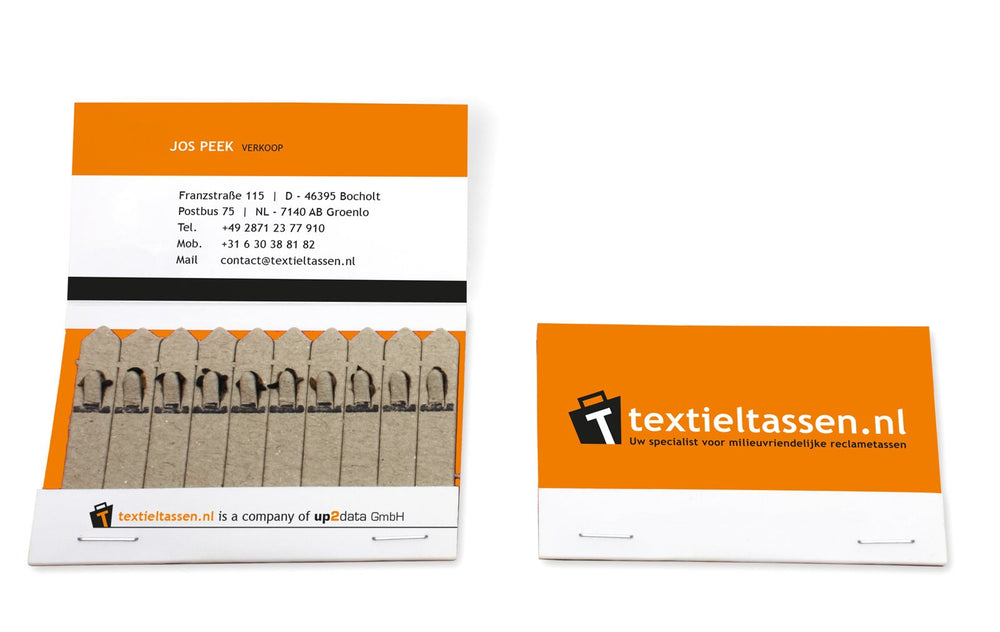 Bedrukt visitekaartje met tien zaadsticks, voor- en achterkant