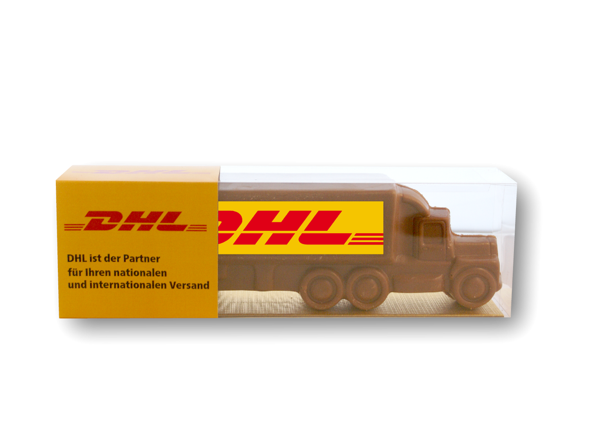 Chocolade vrachtwagen met geel-rode opdruk en een bedrukte huls