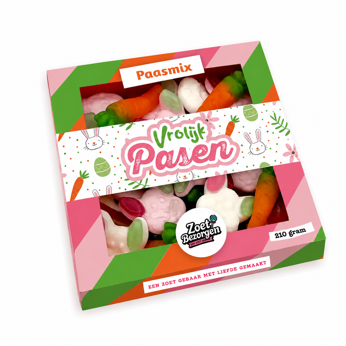 Snoeppakket "Vrolijk Pasen" met paasmix met snoephaasjes en snoepwortels (210 gram)