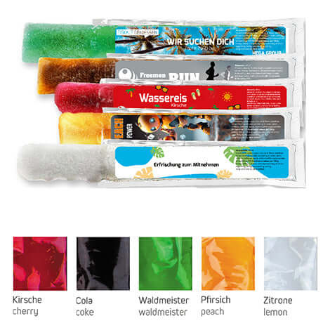 Wassereis im 5er Sortenmix (Kirsche, Waldmeister, Cola, Zitrone, Pfirsich), 40 ml, Express Schlauchtüte mit Etikett bedrukken – promotionele snack