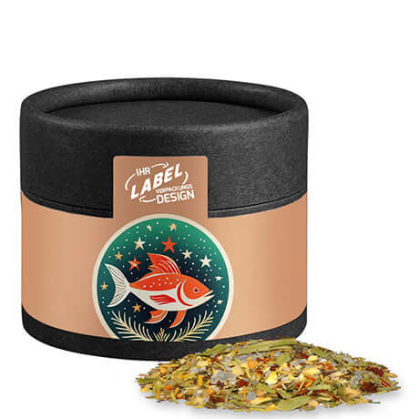 Weihnachts Gewürzmischung Fisch, ca. 30g, Kraftpapierdose mini schwarz bedrukken – promotionele snack