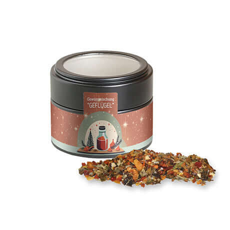 Weihnachts Gewürzmischung Geflügel, ca. 55g, Metalldose mini mit Sichtfenster schwarz bedrukken – ca. 55g Gewürzdose mit Sichtfenster