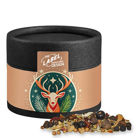 Weihnachts Gewürzmischung Wild, ca. 30g, Kraftpapierdose mini schwarz bedrukken – ca. 30g in schwarzer Dose mit Hirschdesign