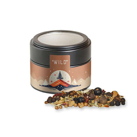 Weihnachts Gewürzmischung Wild, ca. 50g, Metalldose mini mit Sichtfenster schwarz bedrukken – ca. 50g mini dose met zichtvenster