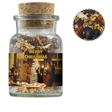 Alt Tag: Weihnachts Gewürzmischung Wild, ca. 60g, Korkenglas bedrukken – ca. 60g in glazen pot met kurk en Merry Christmas label