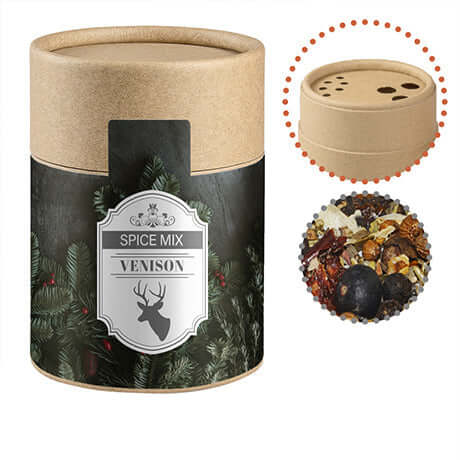 Weihnachts Gewürzmischung Wild, ca. 60g, Kraftpapierstreuer Midi bedrukken – ca. 60g kruidenmix in kraftpapier strooibus