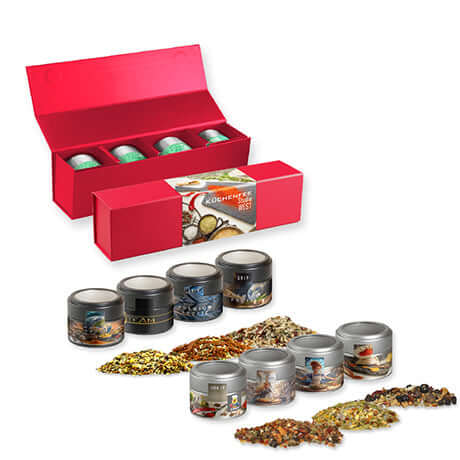 Verschiedene Weihnachts Gewürzmischungen, ca. 120-140g, Geschenk-Set Premium rot mit Magnetverschluss und 4 Metalldosen mini mit Sichtfenste bedrukken – promotionele snack