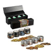 Verschiedene Weihnachts Gewürzmischungen, ca. 120-140g, Geschenk-Set Premium schwarz mit Magnetverschluss und 4 Metalldosen mini mit Sichtfenster bedrukken – promotionele snack