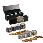 Verschiedene Weihnachts Gewürzmischungen, ca. 120-140g, Geschenk-Set Premium schwarz mit Magnetverschluss und 4 Metalldosen mini mit Sichtfenster bedrukken – promotionele snack