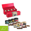 Verschiedene Weihnachts Teesorten, biologische und nicht-Bio, ca. 80-120g, Geschenk-Set Premium rot mit Magnetverschluss und 4 Kraftpapierdosen Mini bedrukken – promotionele snack