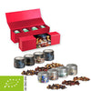 Verschiedene Weihnachts Teesorten, biologische und nicht-Bio, ca. 120-140g, Geschenk-Set Premium rot mit Magnetverschluss und 4 Metalldosen mini mit Sichtfenste bedrukken – promotionele snack