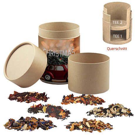 Verschiedene Weihnachts Teesorten, biologische und nicht-Bio, ca. 150g, Doppel Kraftpapierdose Maxi bedrukken – promotionele snack