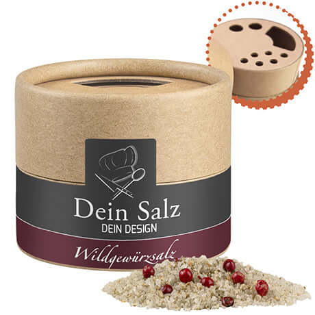Wildgewürzsalz, ca. 45g, Kraftpapierstreuer Mini bedrukken – ca. 45g met custom label in kraftpapier strooier, relatiegeschenk