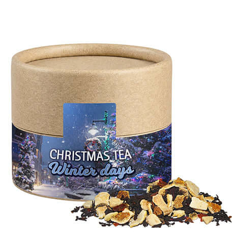 Wintertage Tee, ca. 30g, Kraftpapierdose Mini bedrukken – ca. 30g kerstthee in kraftpapier mini dose met Winter days label
