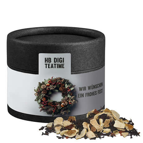 Wintertage Tee, ca. 30g, Kraftpapierdose mini schwarz bedrukken – ca. 30g in zwarte kraftpapier mini dose met kerstlabel en losse thee