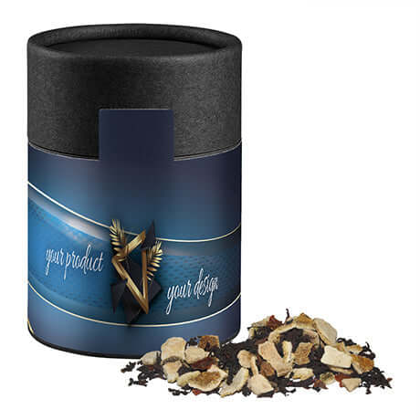 Wintertage Tee, ca. 50g, Kraftpapierdose Midi schwarz bedrukken – ca. 50g in zwarte kraftpapierdose met losse thee ernaast