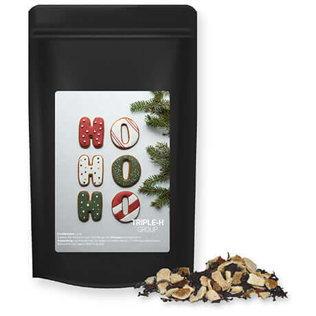 Wintertage Tee, ca. 55g, stazak Midi schwarz bedrukken – ca. 55g zwarte stazak met HO HO HO label, losse thee als relatiegeschenk
