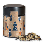 Alt Tag: Wintertage Tee, ca. 70g, Metalldose Midi schwarz bedrukken – ca. 70g, zwarte metalen midi blik met winterprint en losse thee