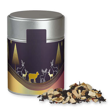 Wintertage Tee, ca. 70g, Metalldose Midi silber bedrukken – ca. 70g met winterdesign en losse thee, ideaal als relatiegeschenk