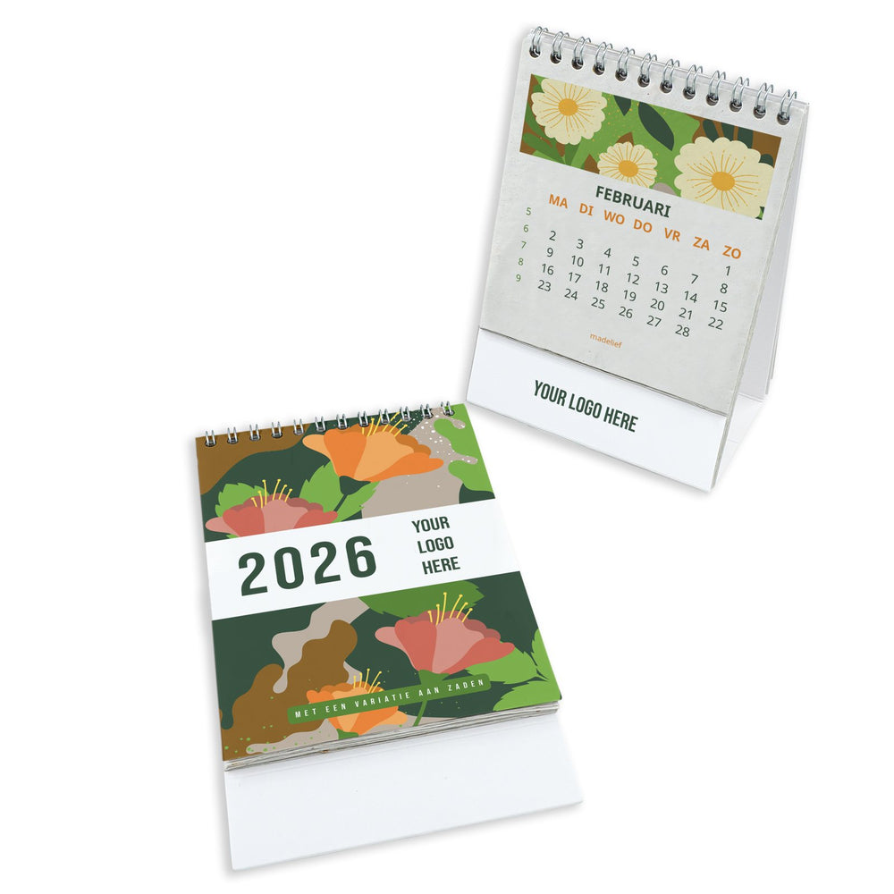 Zaadpapier bureaukalender met kartonnen standaard en bedrukt maandblad