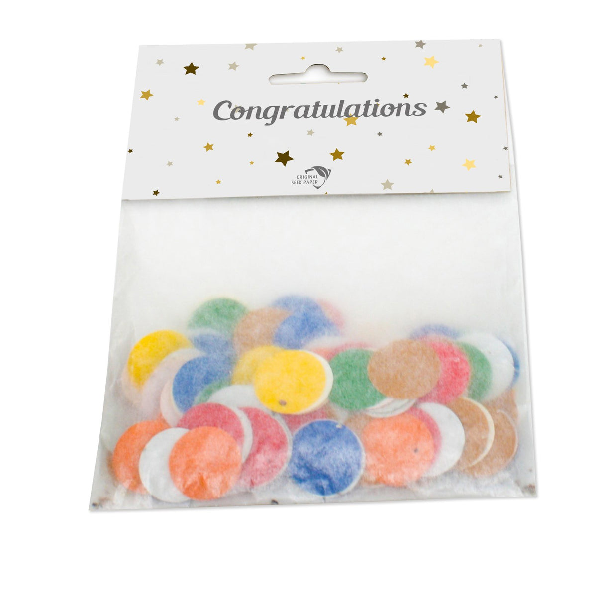 Transparant zakje met gekleurde zaadpapier confetti en een bedrukt label