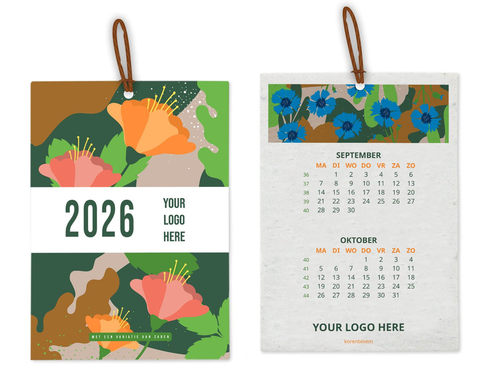 Zaadpapier kalender A5 met katoenen koord en bedrukte maandbladen