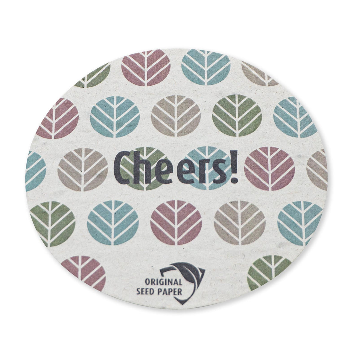 Ronde onderzetter van zaadpapier met bedrukt patroon en de tekst Cheers!