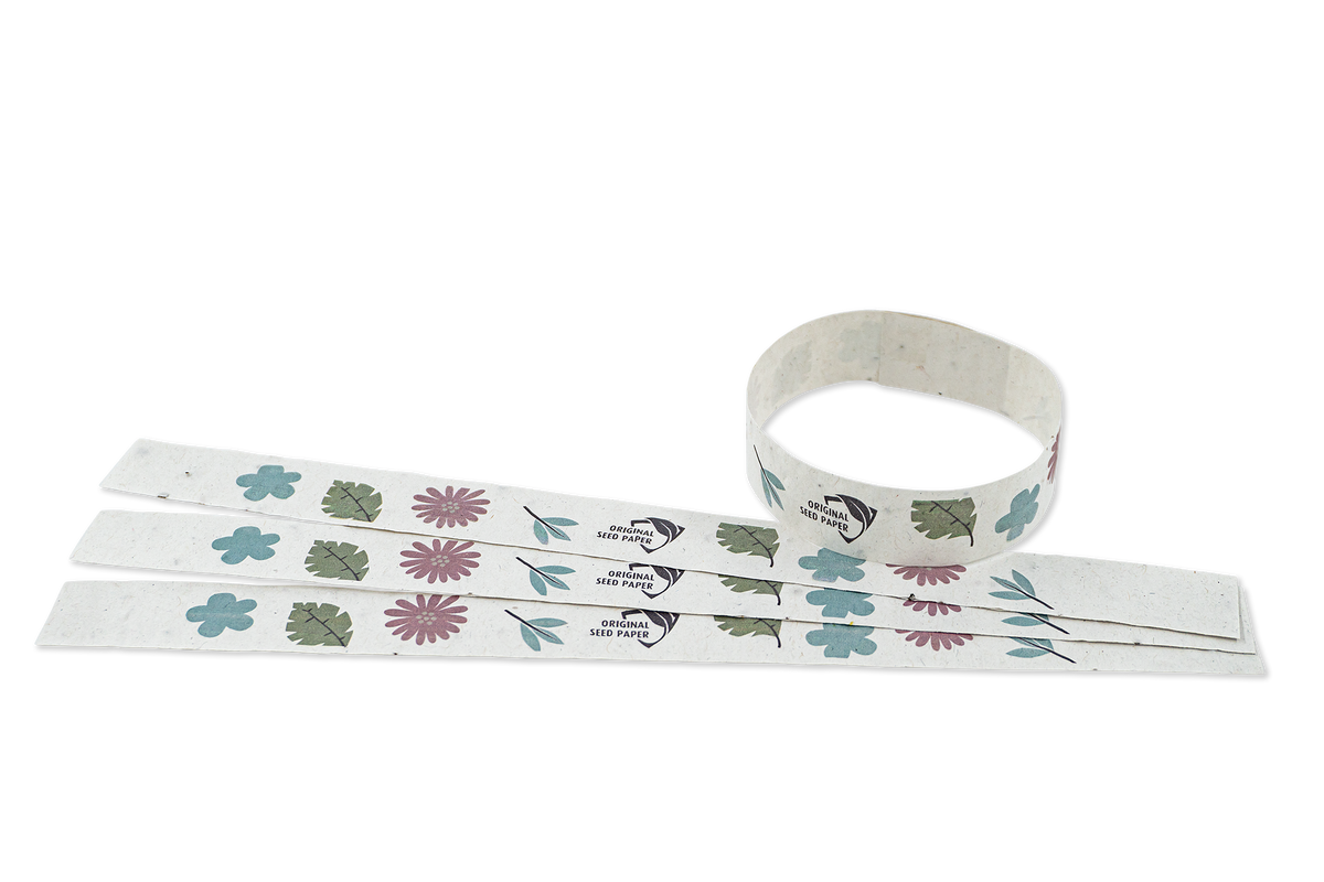 Zaadpapier polsbandjes met bloemenprint, één dichtgemaakt als bandje