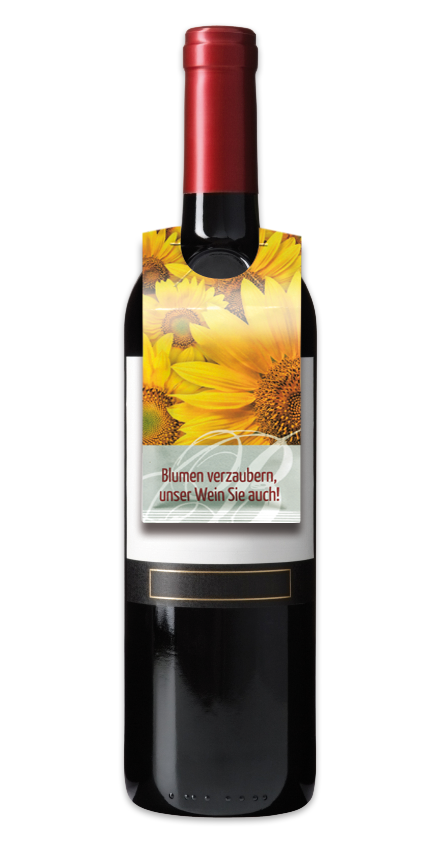 Zaadzakje voor om de flessenhals van een wijnfles, bedrukt met een zonnebloem