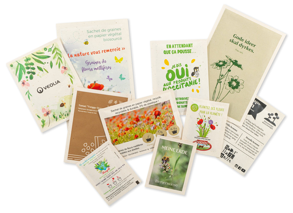 Zaadzakjes van tomatenvezelpapier met diverse bedrukte voorbeeldontwerpen