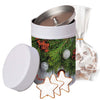Zimtsterne, ca. 100g, Beutel in Metalldose Maxi bedrukken – ca. 100g met kerstblik, zakje koekjes en stervormige koekjes