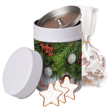 Zimtsterne, ca. 100g, Beutel in Metalldose Maxi bedrukken – ca. 100g met kerstblik, zakje koekjes en stervormige koekjes