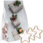 Zimtsterne, 100g, Express Blockbodenbeutel mit Werbereiter bedrukken – 100g met kerststerkoekjes in zak, cadeauverpakking en Merry Christmas kaart