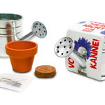 Zinken gietertje met terracotta potje, kokostablet, zaadzakje en bedrukte wikkel