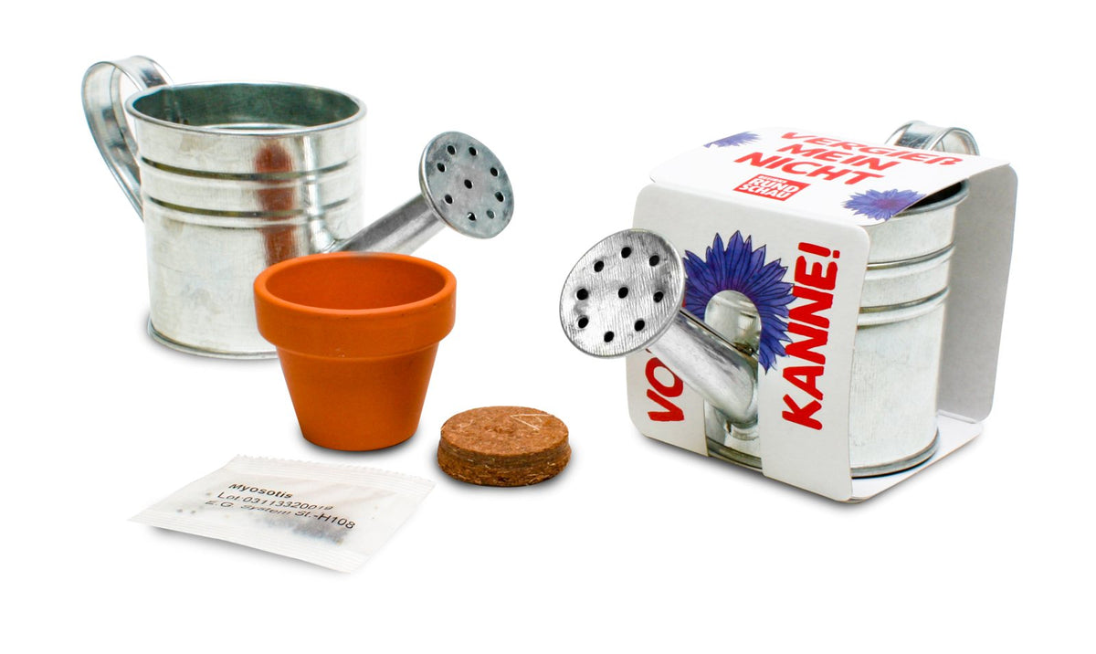 Zinken gietertje met terracotta potje, kokostablet, zaadzakje en bedrukte wikkel
