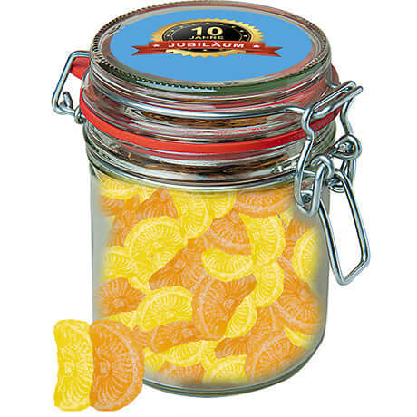 Zitrone und Orangen bonbons, ca. 200g, Bonbonglas Maxi bedrukken – ca. 200g in glazen beugelpot met citroen- en sinaasappelsnoep